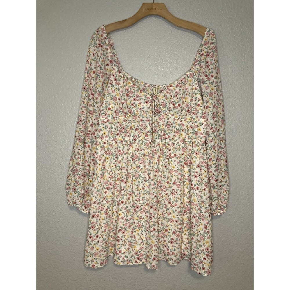 Babydoll Mini Dress XL Cottage Floral Cream Ballon Sleeve Smocked Boho Lagenlook